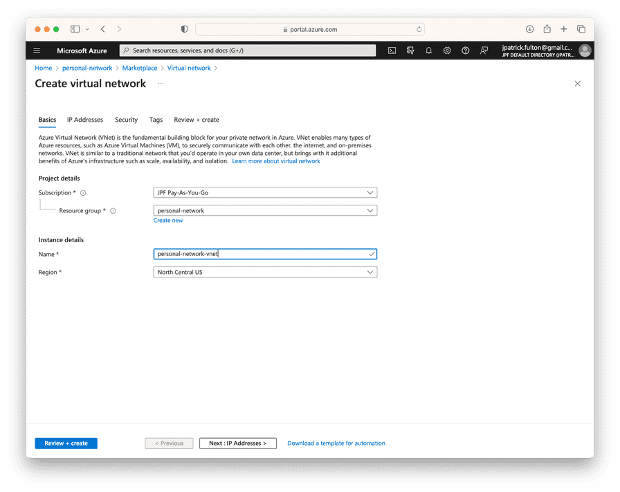 Create a Virtual Network Screenshot 2