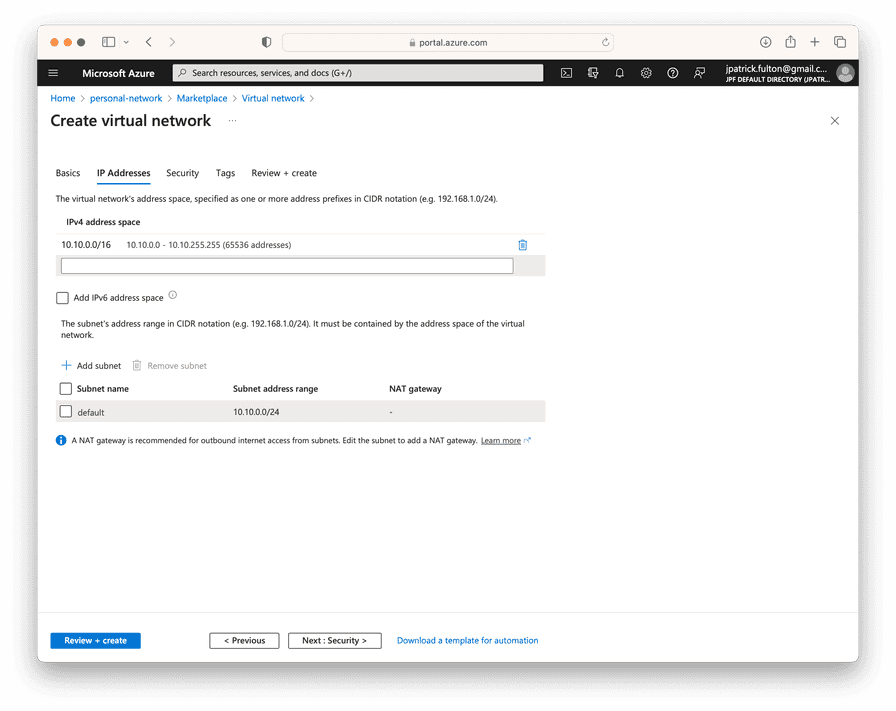 Create a Virtual Network Screenshot 3