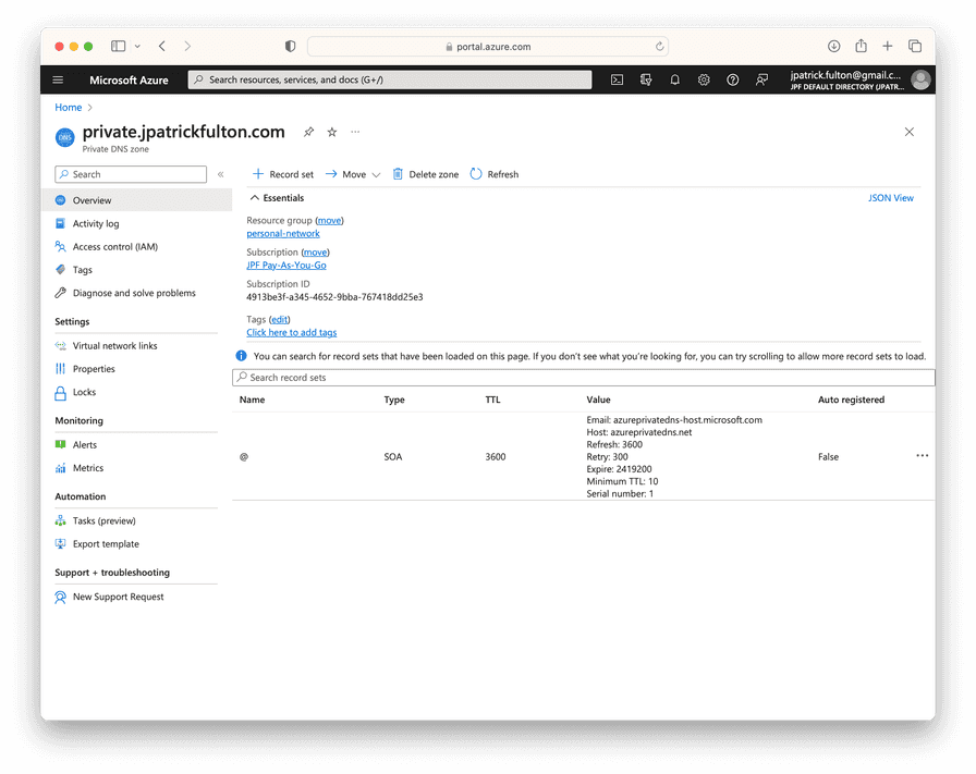 Private DNS Zone Screenshot